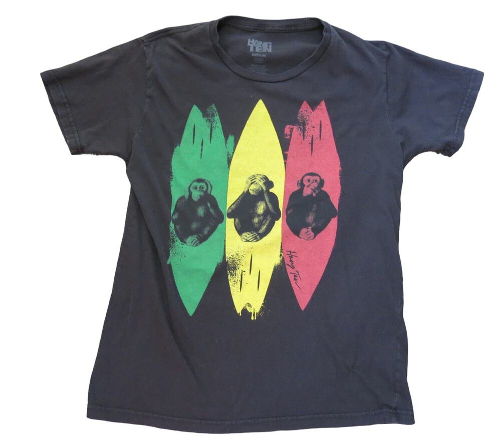 HANG TEN Monkeys Surfing T Shirt Size M Men's Black Surfboard Wise Monkeys